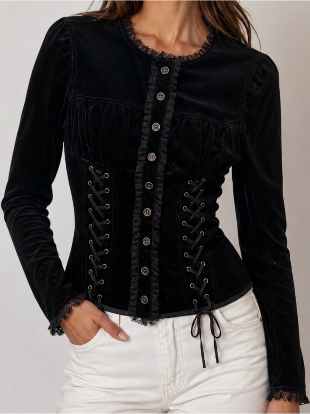 Vintage Betsey Johnson Black Velvet Corset Lace Up Jacket Size 10 Y2K Goth
